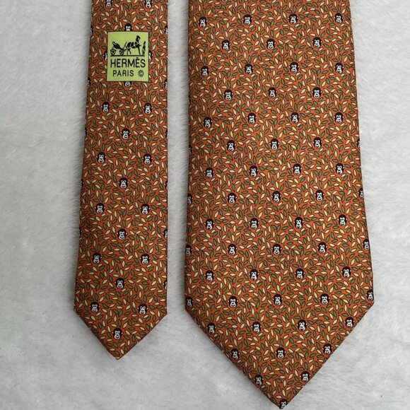 100% REAL HERMES TIE ~ ORANGE w FUN MONKEY APES HIDING IN THE BUSH TREES XL - Picture 6 of 6
